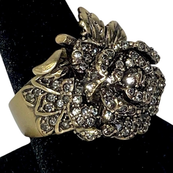 Heidi Daus Jewelry - Heidi Daus Crystal Rose Ring Gold Tone Antiqued Black Finish Floral - Size 8.5